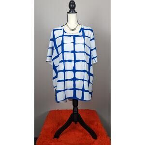 Adam Lippes Target White Blue Painterly Plaid Button Down Crepe Blouse Top XXL